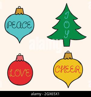 Hand Drawn Christmas decoration. Holiday elements, tree, vintage ornaments. Winter New Year Party. Colored doodles. Stock Vector