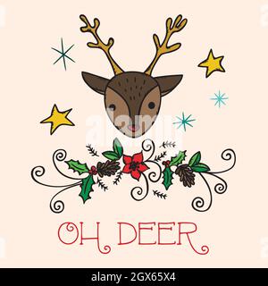 Hand Drawn Christmas montage. Holiday elements, reindeer, wreath, star. Colored doodles. Stock Vector
