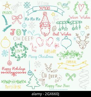 Hand Drawn Christmas elements. Holiday decoration, tree, Santa, reindeers, ornament, star. Winter New Year Party. Colored outline. Stock Vector