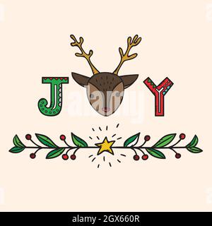 Hand Drawn Christmas montage. Holiday elements, reindeer, wreath, star, joy. Colored doodles. Stock Vector