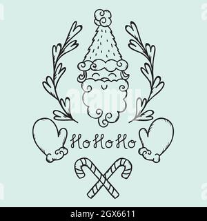 Hand Drawn Christmas montage. Holiday elements, Santa, mittens, candy canes, wreath. Black and white. Stock Vector