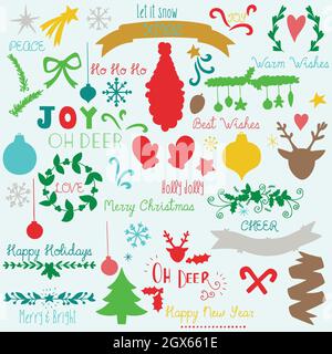 Hand Drawn Christmas elements. Holiday decoration, tree, Santa, reindeers, ornament, star. Winter New Year Party. Colored silhouette. Stock Vector