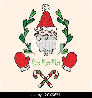 Hand Drawn Christmas montage. Holiday elements, Santa, mittens, candy canes, wreath. Colored doodles. Stock Vector
