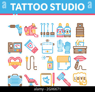 Tattoo Studio Tool Collection Icons Set Vector Stock Vector
