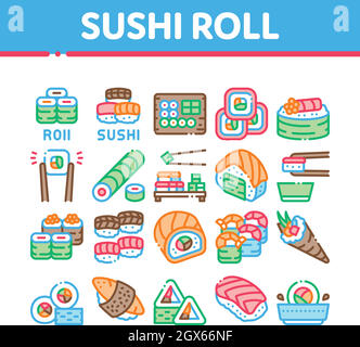 Sushi Roll Asian Dish Collection Icons Set Vector Stock Vector