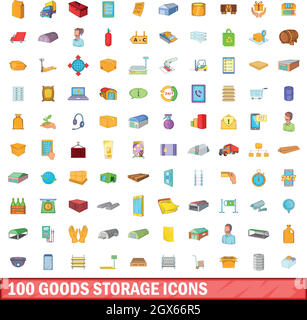 100 goods storage icons set, cartoon style Stock Vector