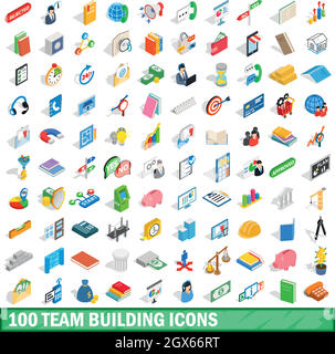 100 team building icons set, isometric 3d style Stock Vector