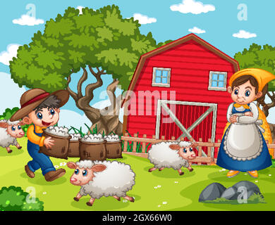 Happy family in farm scene in cartoon style Stock Vector