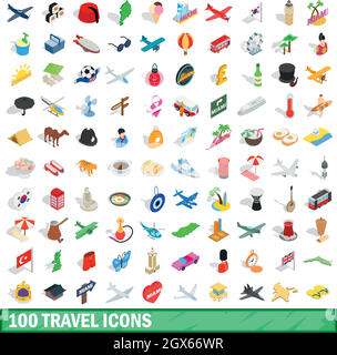 100 travel icons set, isometric 3d style Stock Vector