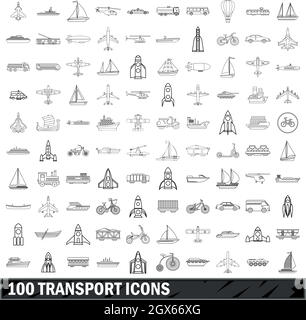 100 transport icons set, outline style Stock Vector