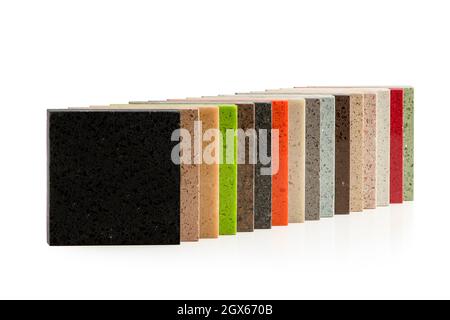 Samples of stone countertops on a white isolated background. Set of samples of stone of different textures and different colors for design Stock Photo