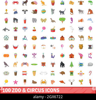 100 zoo and circus icons set, cartoon style Stock Vector