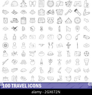 100 travel icons set, outline style Stock Vector