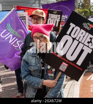 Manchester, UK. Sunday 3rd October, 2021. March and rally to protest against the government and defend  democracy at start of Conservative Conference Stock Photo