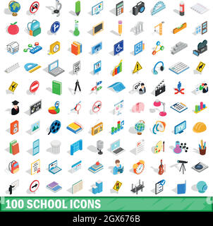 100 school icons set, isometric 3d style Stock Vector