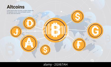 cryptocurrency blockchain icons virtual currency on world map altcoins crypto concept horizontal Stock Vector