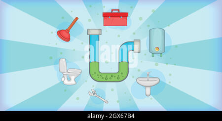 Plumber horizontal banner tools, cartoon style Stock Vector