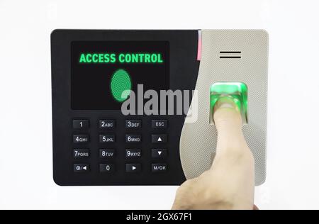 isolated biometric fingerprint scanner. thumb on fingerprint. access control write on black screen. Stock Photo