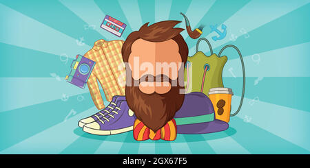 Hipster man horizontal banner blue, cartoon style Stock Vector