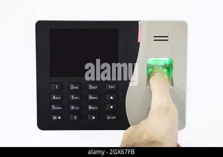 isolated biometric fingerprint scanner. thumb on fingerprint. space for text. Stock Photo