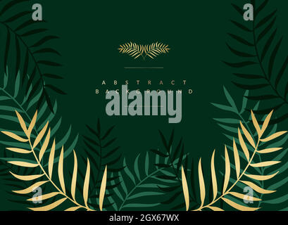 Floral frame with colorful exotic Green and gold branches palm trees on a green background. Ornate border with tropic leaves. Abstract   vector illustration with tropical plantsfor wallpaper, posters, card. Stock Vector