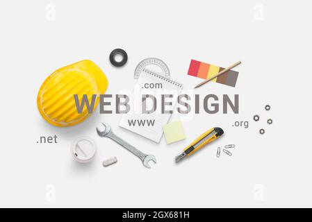 Web design composition with construction tools. Top view, flat lay composition. Under construction concept Stock Photo