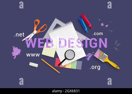 Creative web design concept flat lay composition. Text surrounded with tools on purple surface Stock Photo