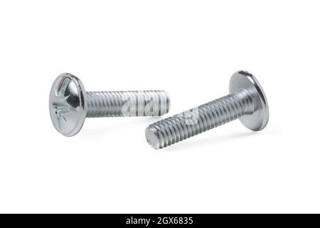 Chrome plated steel screws close up isolated on white background Stock Photo