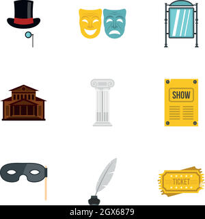 Theatre icons set, flat style Stock Vector