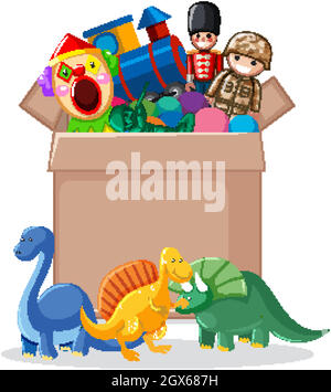 Cardboard box full of toys on white background Stock Vector