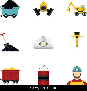 Mining icons set, flat style Stock Vector
