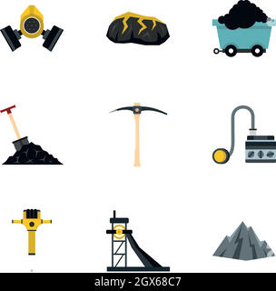 Miner equipment icons set, flat style Stock Vector