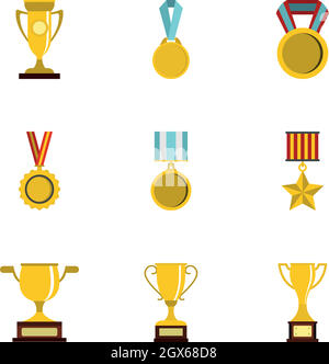 Sport awards icons set, flat style Stock Vector
