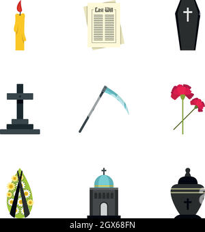 Burial icons set, flat style Stock Vector