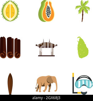 Sri Lanka attractions icons set, flat style Stock Vector