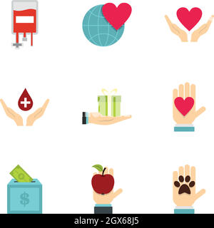 Charity icons set, flat style Stock Vector