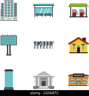 City buildings icons set, flat style Stock Vector