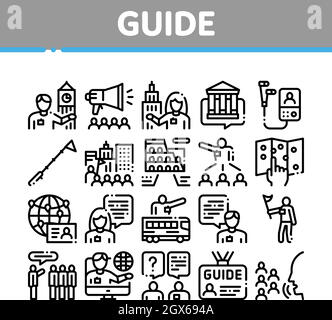 Guide map linear icons set. Navigation, Compass, Directions, Landmarks ...