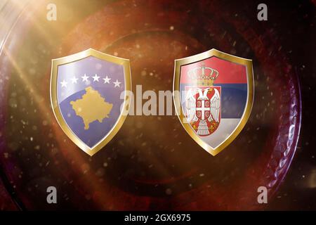 kosovo and serbia flag in golden shield on copper texture background.3d illustration. Stock Photo