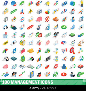 100 management icons set, isometric 3d style Stock Vector
