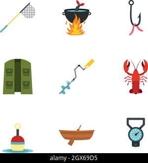 Fishing icons of fisher camp and fish sport catch. Vector isolated ...