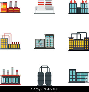 Power plant icons set, flat style Stock Vector