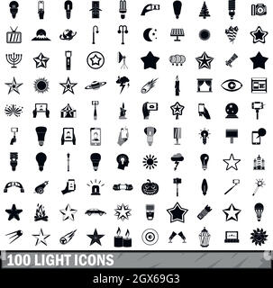 100 light icons set in simple style Stock Vector