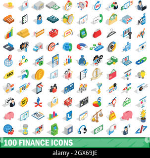 100 finance icons set, isometric 3d style Stock Vector