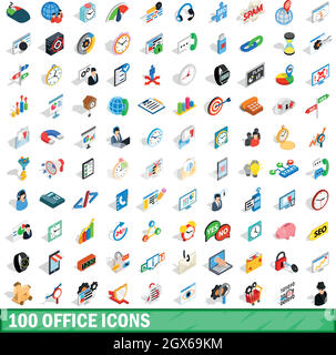 100 office icons set, isometric 3d style Stock Vector