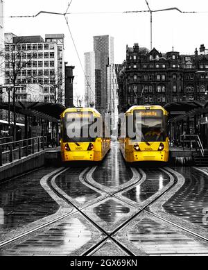 Two Trams in Manchester 2021 Stock Photo