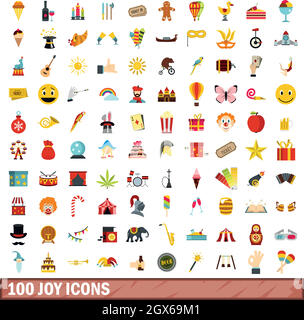 100 joy icons set, flat style Stock Vector