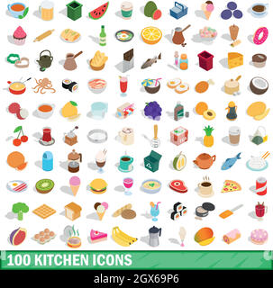 100 kitchen icons set, isometric 3d style Stock Vector
