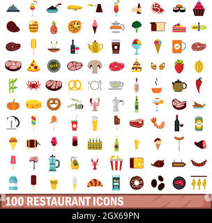 100 restaurant icons set, flat style Stock Vector