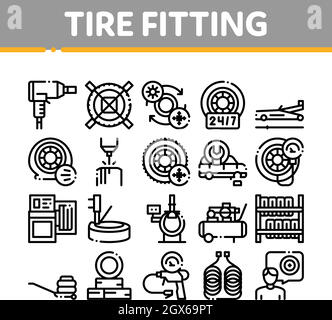 Tire Fitting Service Collection Icons Set Vector Stock Vector
